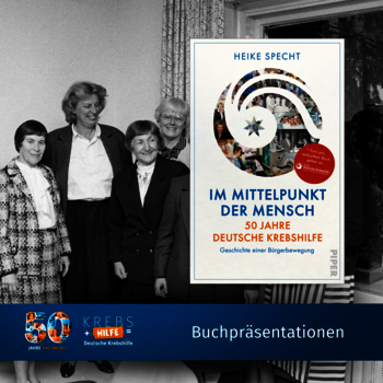 Mildred Scheel und andere Frauen, Buch-Cover "Im Mittelpunkt der Mensch" sowie der Titel "Buchpräsentationen"
