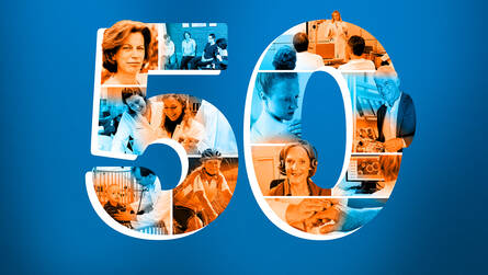 Zahl 50 mit Bildern aus verschiedenen Bereichen der Deutschen Krebshilfe, Farben: blau, orange