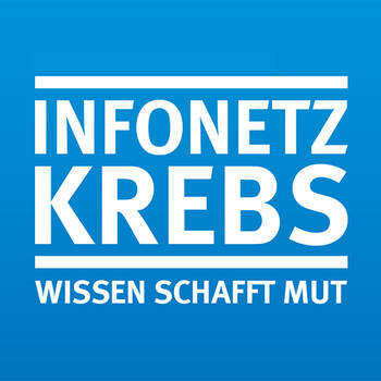 Blaues Logo mit weißer Schrift: INFONETZ KREBS. WISSEN SCHAFFT MUT